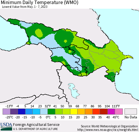 Azerbaijan, Armenia and Georgia Minimum Daily Temperature (WMO) Thematic Map For 5/1/2023 - 5/7/2023