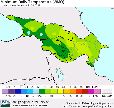 Azerbaijan, Armenia and Georgia Minimum Daily Temperature (WMO) Thematic Map For 5/8/2023 - 5/14/2023