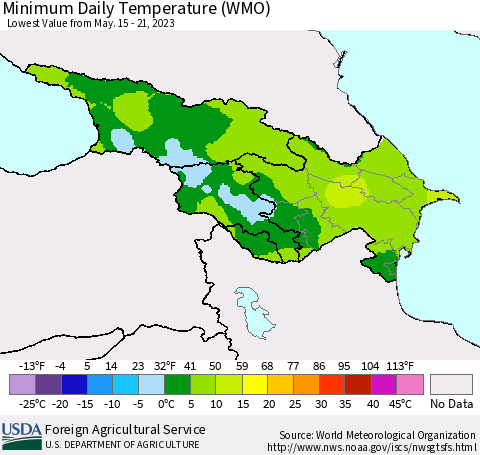 Azerbaijan, Armenia and Georgia Minimum Daily Temperature (WMO) Thematic Map For 5/15/2023 - 5/21/2023