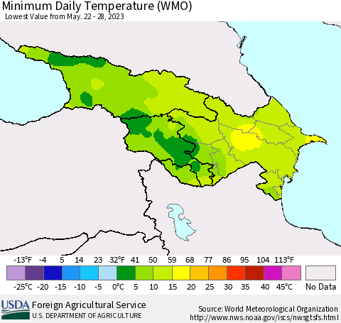 Azerbaijan, Armenia and Georgia Minimum Daily Temperature (WMO) Thematic Map For 5/22/2023 - 5/28/2023