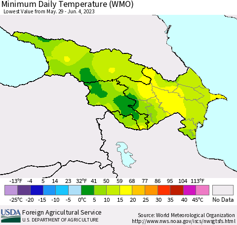 Azerbaijan, Armenia and Georgia Minimum Daily Temperature (WMO) Thematic Map For 5/29/2023 - 6/4/2023