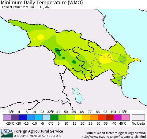 Azerbaijan, Armenia and Georgia Minimum Daily Temperature (WMO) Thematic Map For 6/5/2023 - 6/11/2023