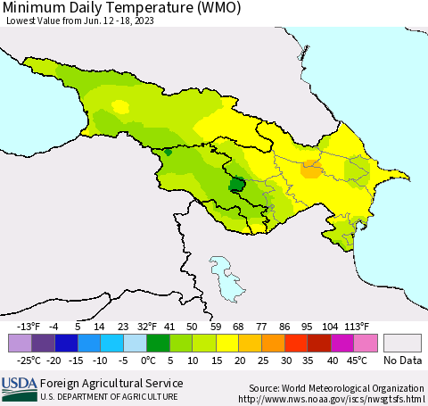 Azerbaijan, Armenia and Georgia Minimum Daily Temperature (WMO) Thematic Map For 6/12/2023 - 6/18/2023