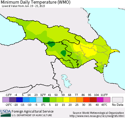 Azerbaijan, Armenia and Georgia Minimum Daily Temperature (WMO) Thematic Map For 6/19/2023 - 6/25/2023