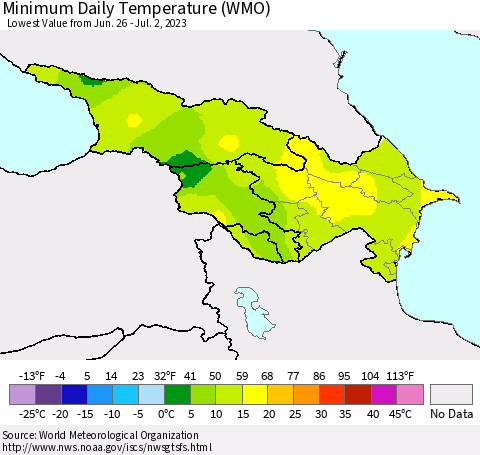 Azerbaijan, Armenia and Georgia Minimum Daily Temperature (WMO) Thematic Map For 6/26/2023 - 7/2/2023
