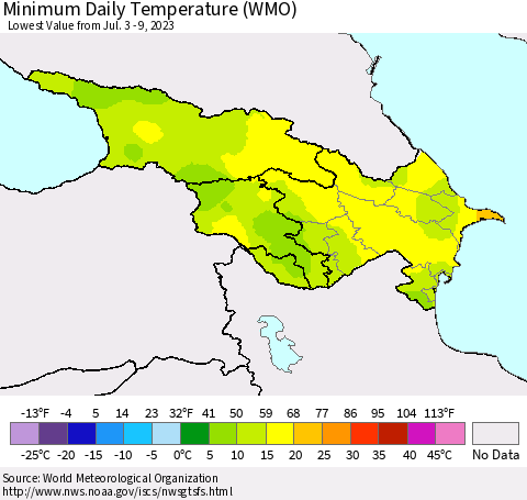 Azerbaijan, Armenia and Georgia Minimum Daily Temperature (WMO) Thematic Map For 7/3/2023 - 7/9/2023