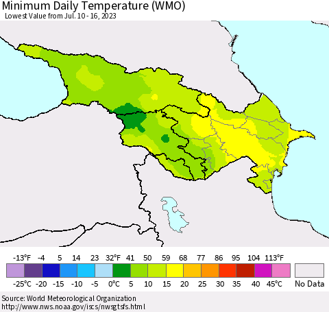 Azerbaijan, Armenia and Georgia Minimum Daily Temperature (WMO) Thematic Map For 7/10/2023 - 7/16/2023