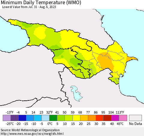 Azerbaijan, Armenia and Georgia Minimum Daily Temperature (WMO) Thematic Map For 7/31/2023 - 8/6/2023