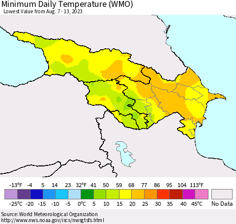 Azerbaijan, Armenia and Georgia Minimum Daily Temperature (WMO) Thematic Map For 8/7/2023 - 8/13/2023