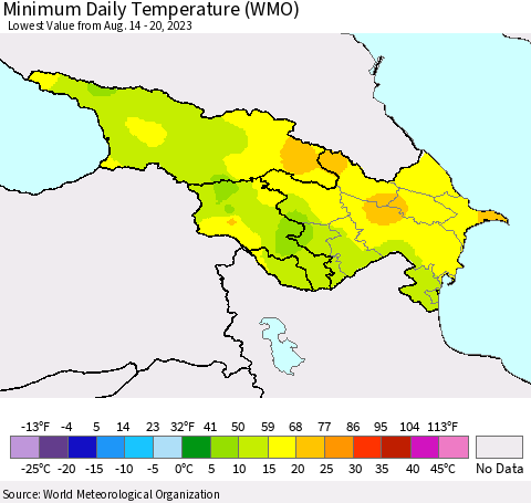 Azerbaijan, Armenia and Georgia Minimum Daily Temperature (WMO) Thematic Map For 8/14/2023 - 8/20/2023