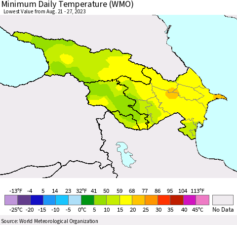 Azerbaijan, Armenia and Georgia Minimum Daily Temperature (WMO) Thematic Map For 8/21/2023 - 8/27/2023