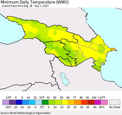Azerbaijan, Armenia and Georgia Minimum Daily Temperature (WMO) Thematic Map For 8/28/2023 - 9/3/2023