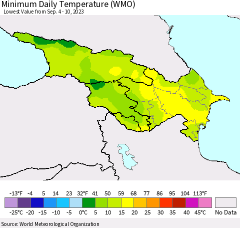 Azerbaijan, Armenia and Georgia Minimum Daily Temperature (WMO) Thematic Map For 9/4/2023 - 9/10/2023