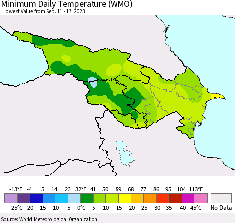 Azerbaijan, Armenia and Georgia Minimum Daily Temperature (WMO) Thematic Map For 9/11/2023 - 9/17/2023