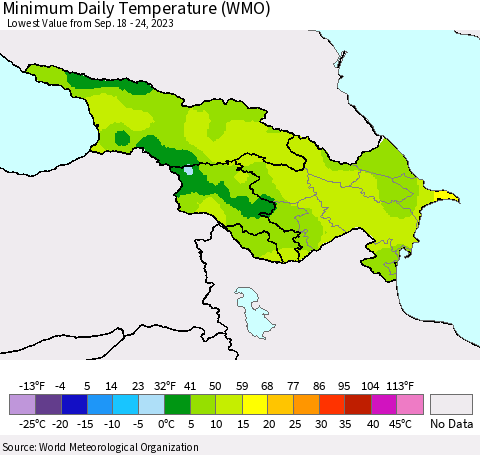 Azerbaijan, Armenia and Georgia Minimum Daily Temperature (WMO) Thematic Map For 9/18/2023 - 9/24/2023