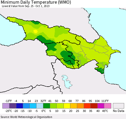 Azerbaijan, Armenia and Georgia Minimum Daily Temperature (WMO) Thematic Map For 9/25/2023 - 10/1/2023