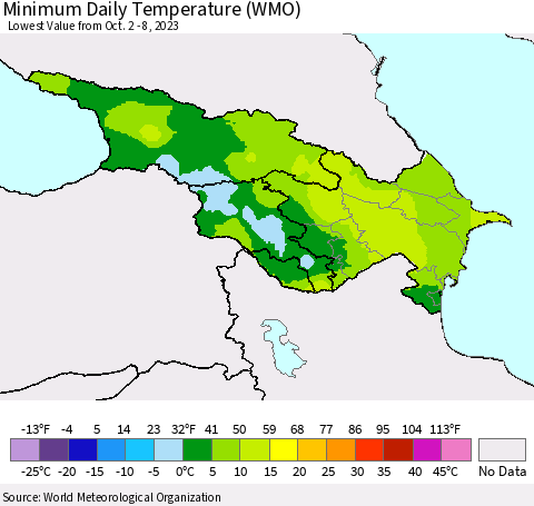 Azerbaijan, Armenia and Georgia Minimum Daily Temperature (WMO) Thematic Map For 10/2/2023 - 10/8/2023