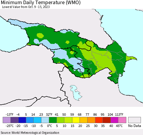 Azerbaijan, Armenia and Georgia Minimum Daily Temperature (WMO) Thematic Map For 10/9/2023 - 10/15/2023