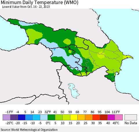 Azerbaijan, Armenia and Georgia Minimum Daily Temperature (WMO) Thematic Map For 10/16/2023 - 10/22/2023