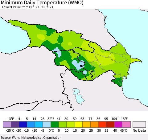Azerbaijan, Armenia and Georgia Minimum Daily Temperature (WMO) Thematic Map For 10/23/2023 - 10/29/2023