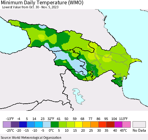Azerbaijan, Armenia and Georgia Minimum Daily Temperature (WMO) Thematic Map For 10/30/2023 - 11/5/2023