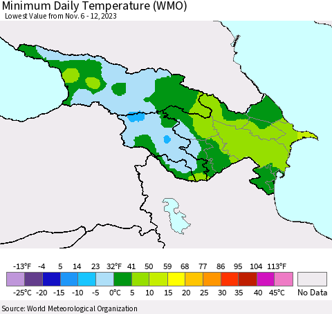 Azerbaijan, Armenia and Georgia Minimum Daily Temperature (WMO) Thematic Map For 11/6/2023 - 11/12/2023