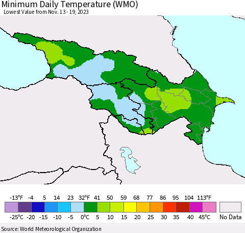 Azerbaijan, Armenia and Georgia Minimum Daily Temperature (WMO) Thematic Map For 11/13/2023 - 11/19/2023
