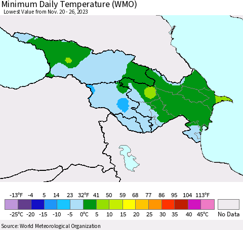 Azerbaijan, Armenia and Georgia Minimum Daily Temperature (WMO) Thematic Map For 11/20/2023 - 11/26/2023