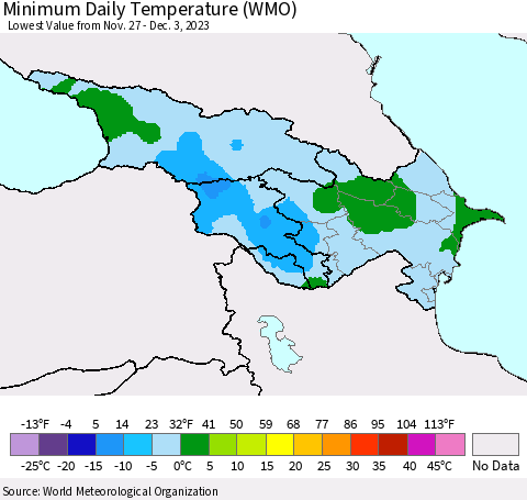 Azerbaijan, Armenia and Georgia Minimum Daily Temperature (WMO) Thematic Map For 11/27/2023 - 12/3/2023