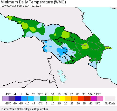 Azerbaijan, Armenia and Georgia Minimum Daily Temperature (WMO) Thematic Map For 12/4/2023 - 12/10/2023
