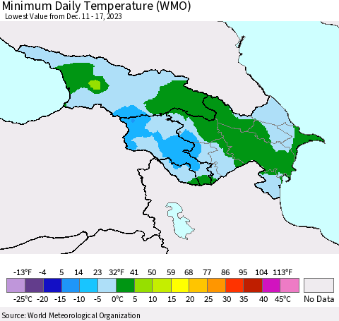 Azerbaijan, Armenia and Georgia Minimum Daily Temperature (WMO) Thematic Map For 12/11/2023 - 12/17/2023