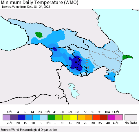 Azerbaijan, Armenia and Georgia Minimum Daily Temperature (WMO) Thematic Map For 12/18/2023 - 12/24/2023