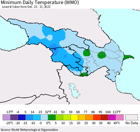 Azerbaijan, Armenia and Georgia Minimum Daily Temperature (WMO) Thematic Map For 12/25/2023 - 12/31/2023