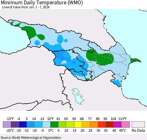 Azerbaijan, Armenia and Georgia Minimum Daily Temperature (WMO) Thematic Map For 1/1/2024 - 1/7/2024