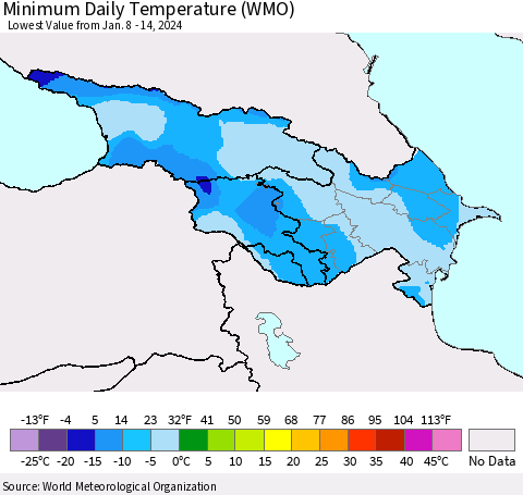 Azerbaijan, Armenia and Georgia Minimum Daily Temperature (WMO) Thematic Map For 1/8/2024 - 1/14/2024
