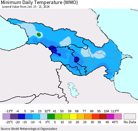 Azerbaijan, Armenia and Georgia Minimum Daily Temperature (WMO) Thematic Map For 1/15/2024 - 1/21/2024