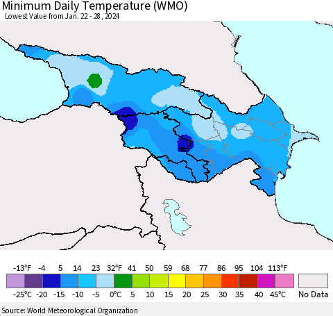 Azerbaijan, Armenia and Georgia Minimum Daily Temperature (WMO) Thematic Map For 1/22/2024 - 1/28/2024