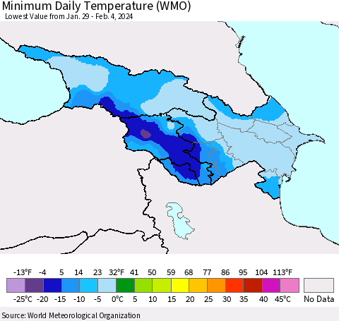 Azerbaijan, Armenia and Georgia Minimum Daily Temperature (WMO) Thematic Map For 1/29/2024 - 2/4/2024