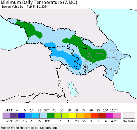 Azerbaijan, Armenia and Georgia Minimum Daily Temperature (WMO) Thematic Map For 2/5/2024 - 2/11/2024