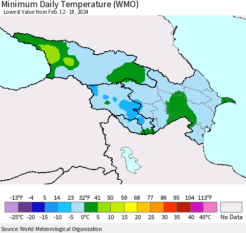 Azerbaijan, Armenia and Georgia Minimum Daily Temperature (WMO) Thematic Map For 2/12/2024 - 2/18/2024