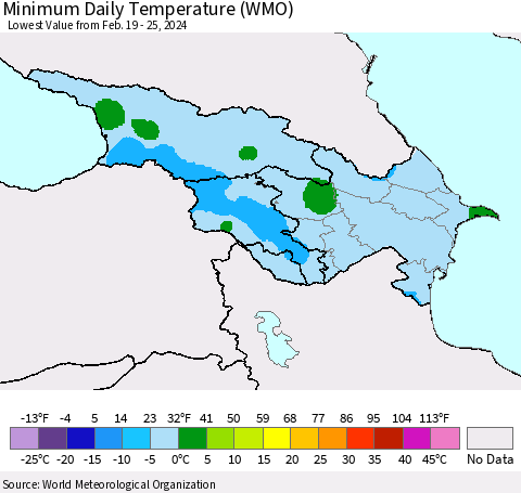 Azerbaijan, Armenia and Georgia Minimum Daily Temperature (WMO) Thematic Map For 2/19/2024 - 2/25/2024