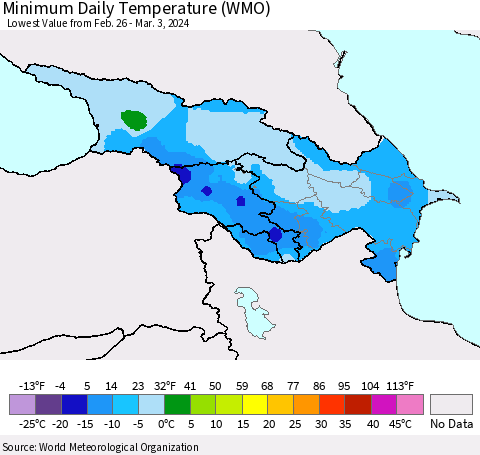 Azerbaijan, Armenia and Georgia Minimum Daily Temperature (WMO) Thematic Map For 2/26/2024 - 3/3/2024