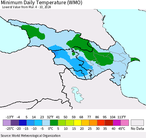 Azerbaijan, Armenia and Georgia Minimum Daily Temperature (WMO) Thematic Map For 3/4/2024 - 3/10/2024