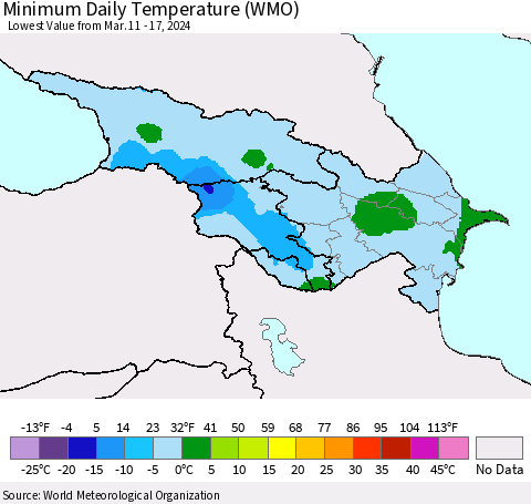 Azerbaijan, Armenia and Georgia Minimum Daily Temperature (WMO) Thematic Map For 3/11/2024 - 3/17/2024