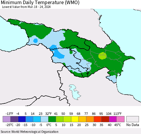 Azerbaijan, Armenia and Georgia Minimum Daily Temperature (WMO) Thematic Map For 3/18/2024 - 3/24/2024