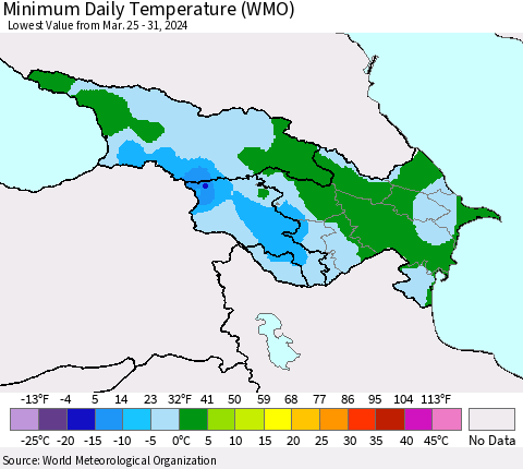 Azerbaijan, Armenia and Georgia Minimum Daily Temperature (WMO) Thematic Map For 3/25/2024 - 3/31/2024
