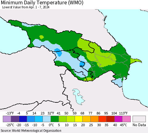 Azerbaijan, Armenia and Georgia Minimum Daily Temperature (WMO) Thematic Map For 4/1/2024 - 4/7/2024