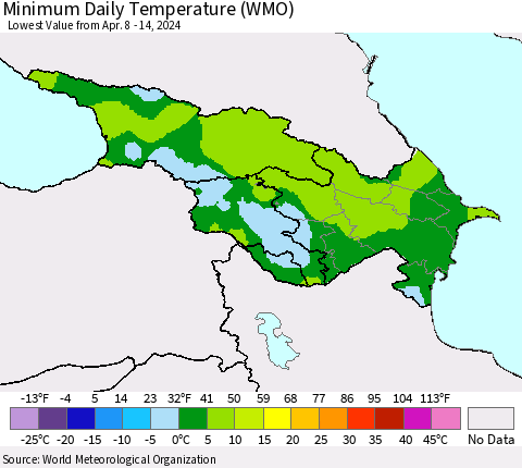 Azerbaijan, Armenia and Georgia Minimum Daily Temperature (WMO) Thematic Map For 4/8/2024 - 4/14/2024