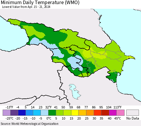 Azerbaijan, Armenia and Georgia Minimum Daily Temperature (WMO) Thematic Map For 4/15/2024 - 4/21/2024
