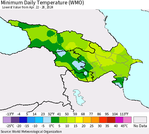 Azerbaijan, Armenia and Georgia Minimum Daily Temperature (WMO) Thematic Map For 4/22/2024 - 4/28/2024